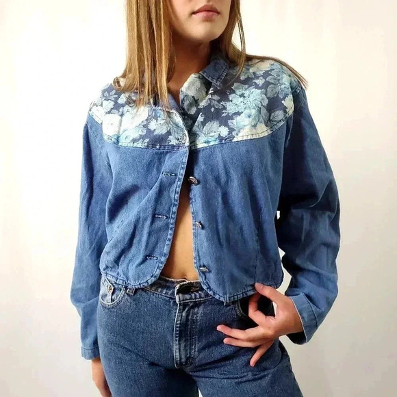Vintage 90s Floral Western Cropped Denim Shacket Shirt - Picture 2 of 10